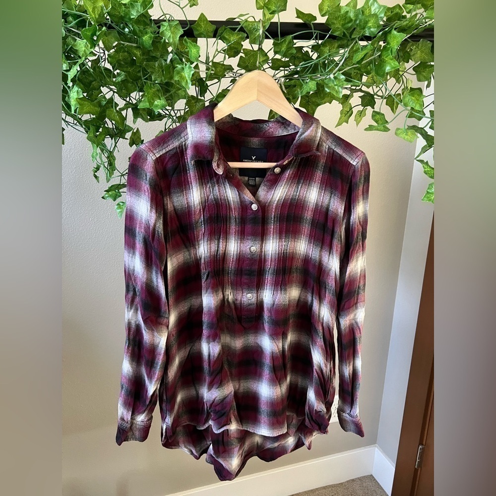 Red, White and black flannel with half button up size Medium Americano Eagle OF